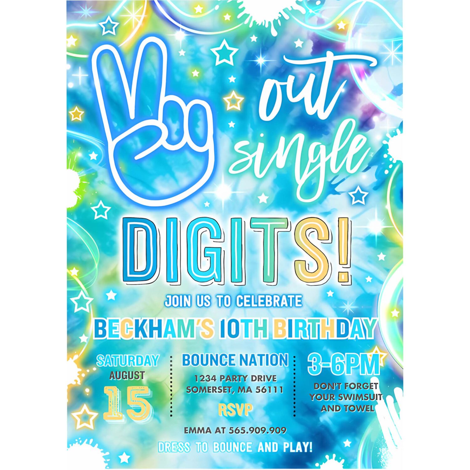 Editable peace out single digits birthday party invitation neon glow peace out single digits 10th birthday party instant download h48 4