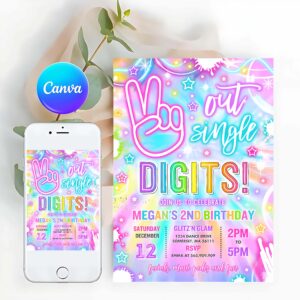 Neon Invitation, Peace Out Single Digits Birthday Party Invitation Neon Glow Peace Out Single Digits 10th Birthday Party