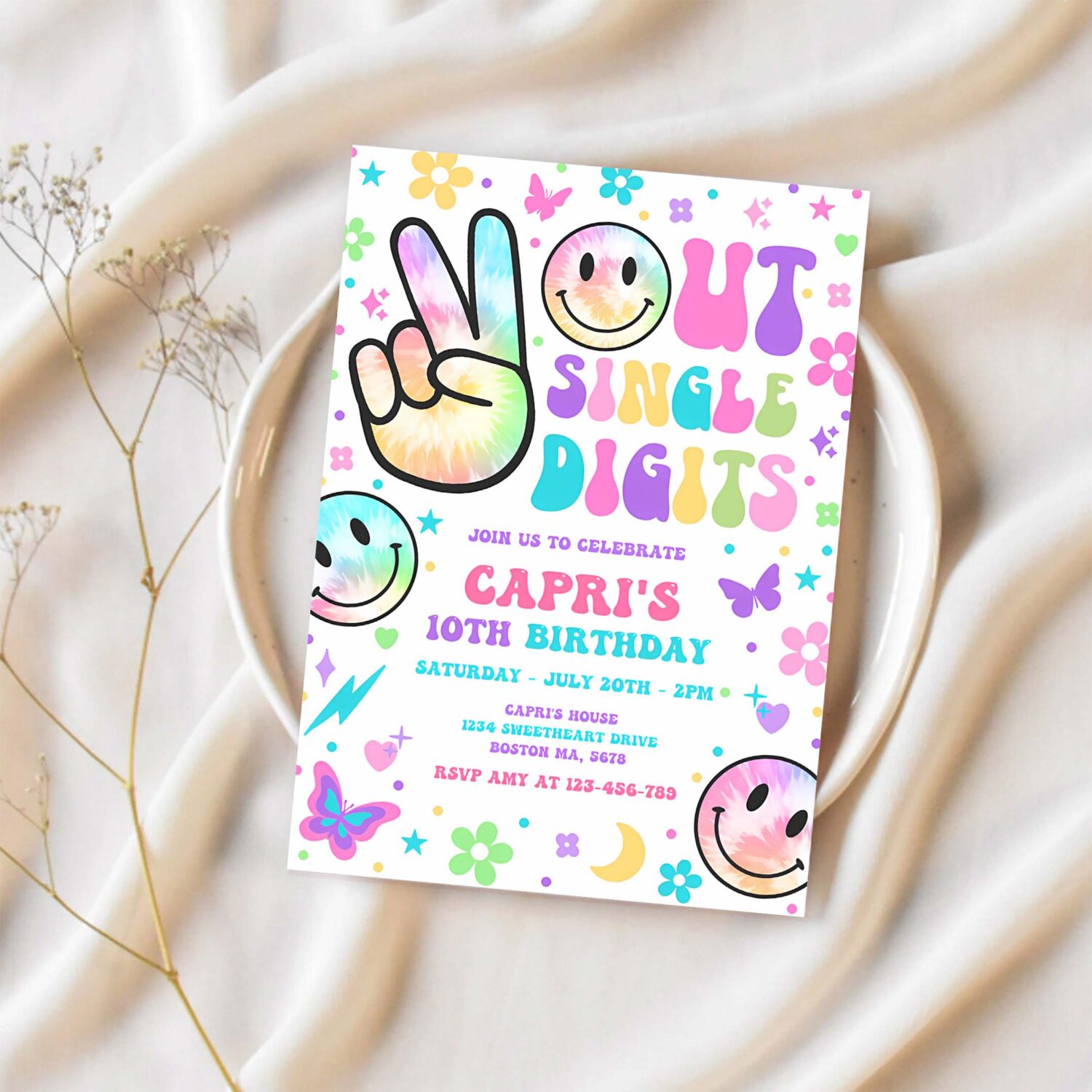 Editable peace out single digits birthday party invitation tie dye groovy tween 10th birthday hippie double digits party 1