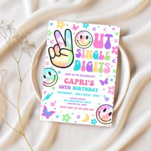 Editable peace out single digits birthday party invitation tie dye groovy tween 10th birthday hippie double digits party 1