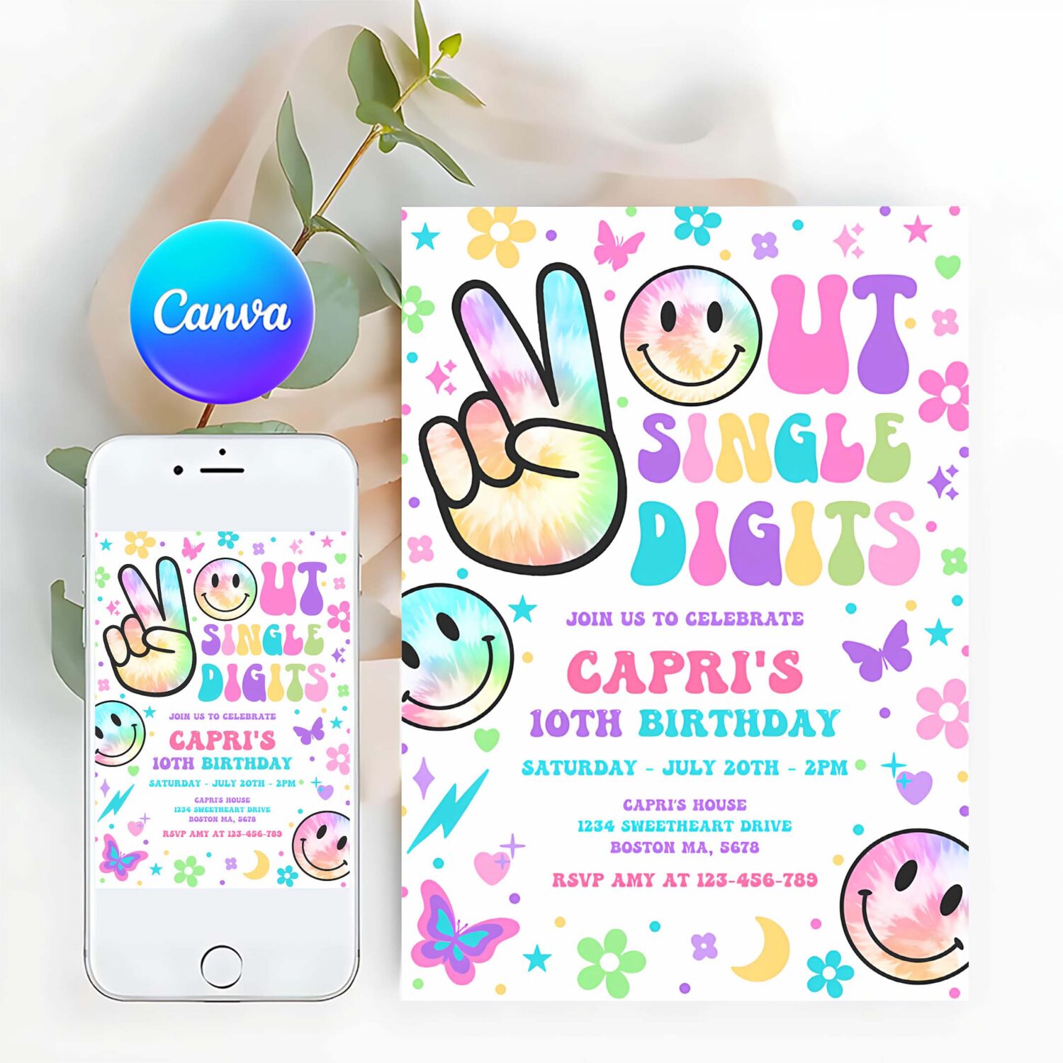 Editable peace out single digits birthday party invitation tie dye groovy tween 10th birthday hippie double digits party