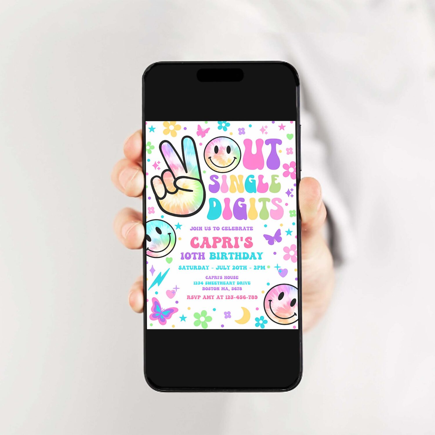 Editable peace out single digits birthday party invitation tie dye groovy tween 10th birthday hippie double digits party 2