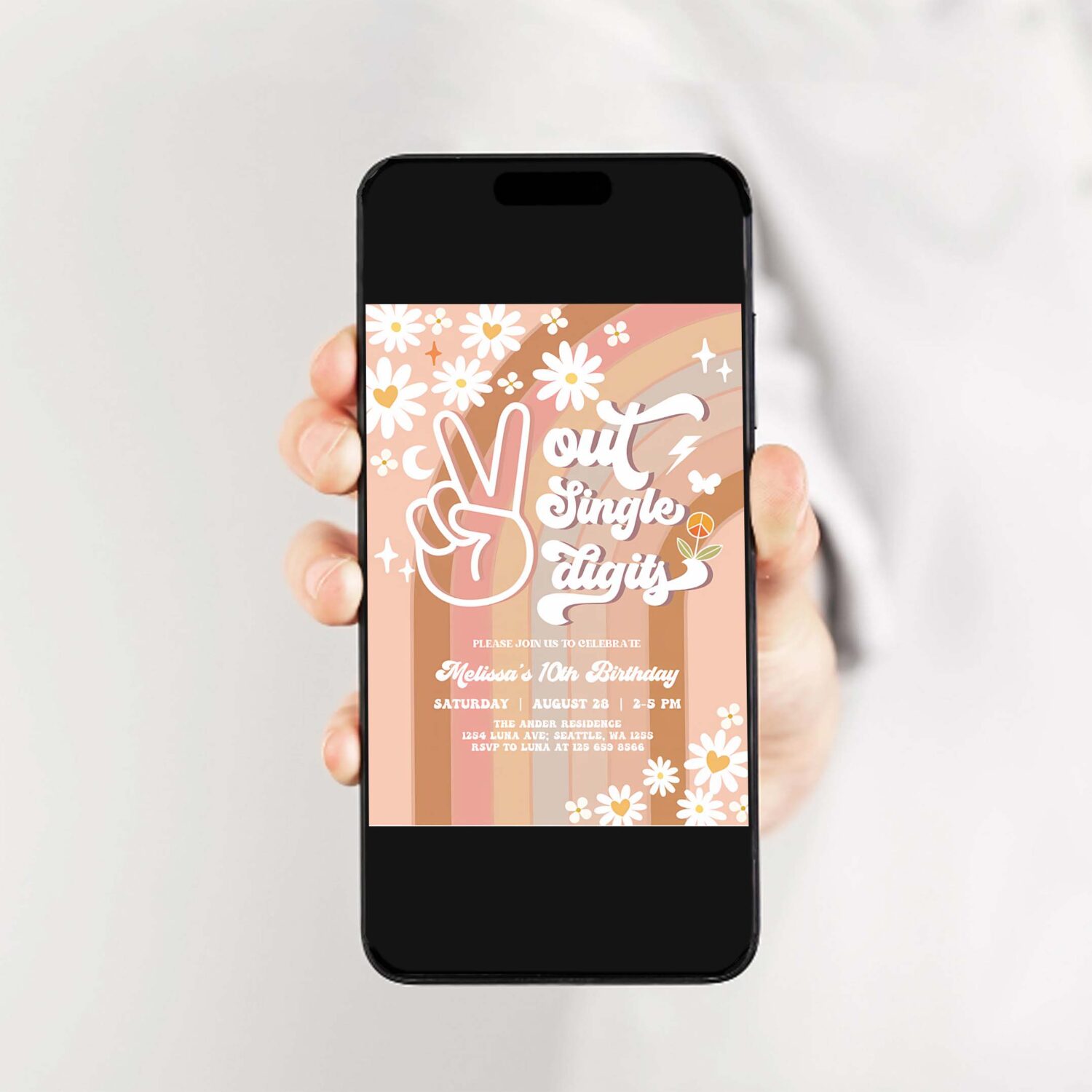 Editable peace out single digits invites fall groovy 10th birthday invite daisy rainbow birthday invitation 2