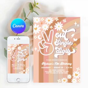 Groovy Invitation, Peace Out Single Digits Invitations Fall Groovy 10th Birthday Invitation Daisy Invitation