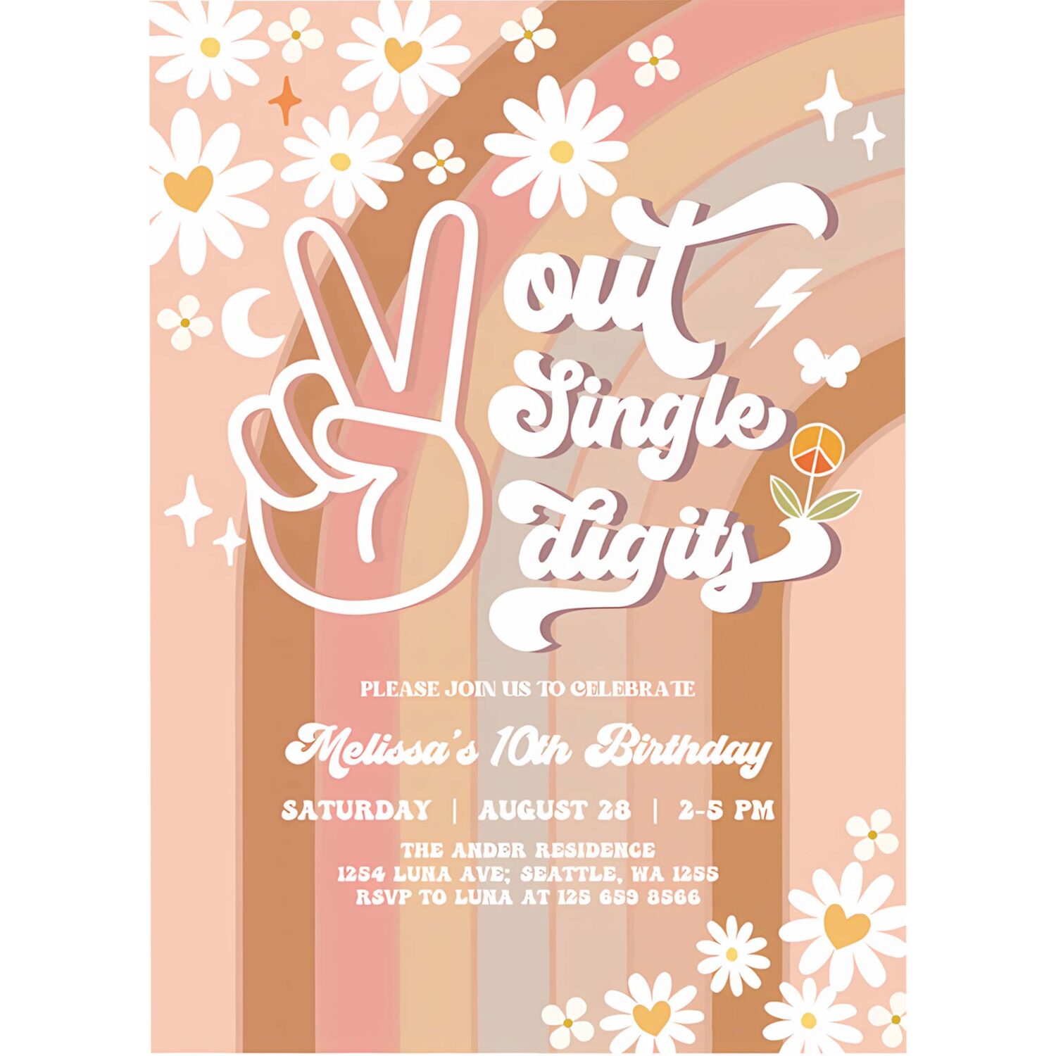 Editable peace out single digits invites fall groovy 10th birthday invite daisy rainbow birthday invitation 4