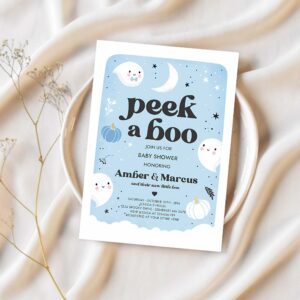 Editable peek a boo baby shower invitation little boo boy ghost baby shower invitation blue cute halloween baby shower instant download b4 1