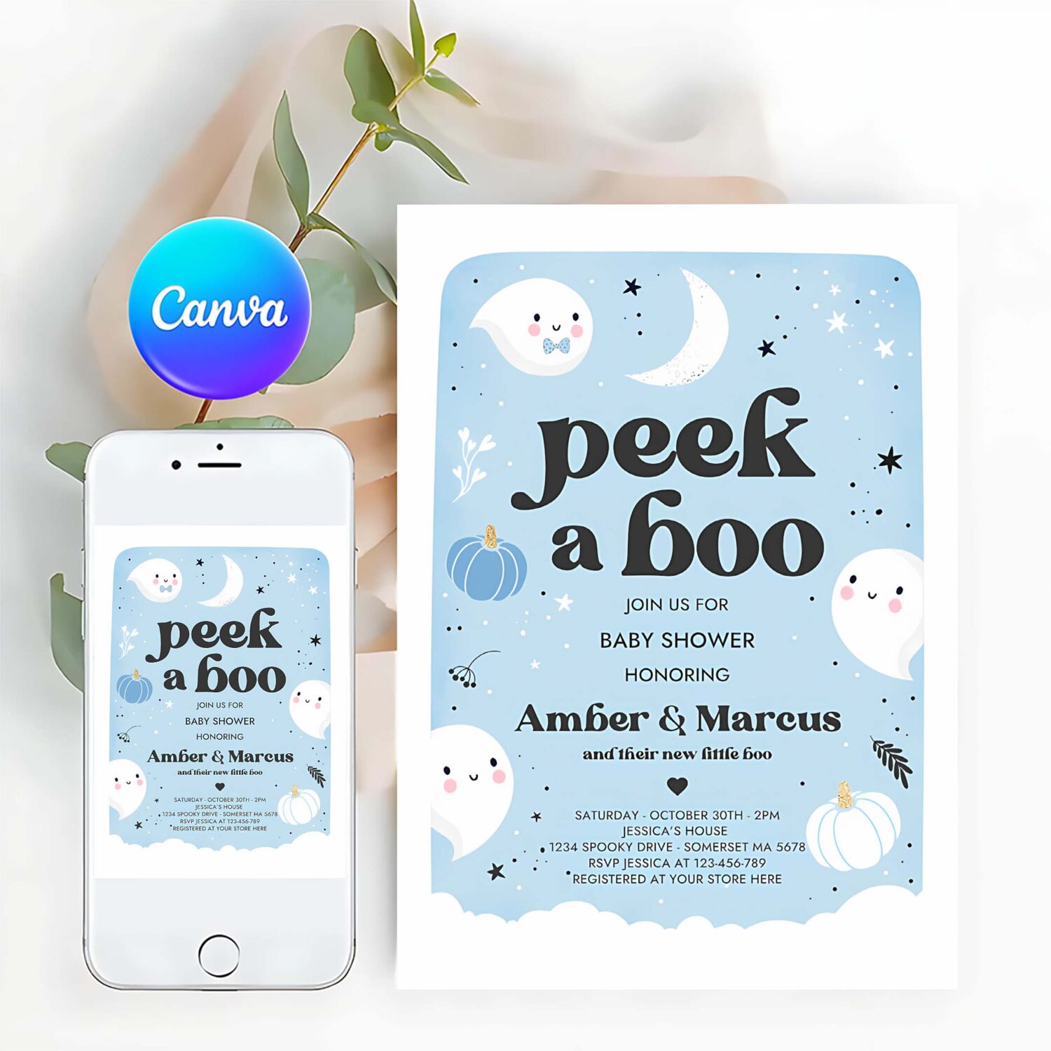 Editable peek a boo baby shower invitation little boo boy ghost baby shower invitation blue cute halloween baby shower instant download b4