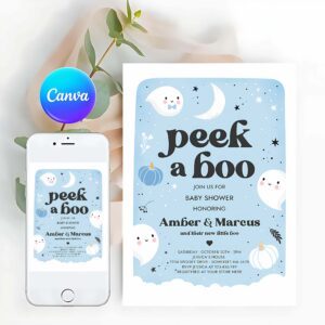 Peek A Boo Invitation, Peek A Boo Baby Shower Invitation Little Boo Boy Ghost Baby Shower Invitation Blue Cute Halloween Baby Shower