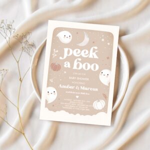 Editable peek a boo baby shower invitation little boo ghost baby shower boho muted earthy tones halloween baby shower instant download b9 1