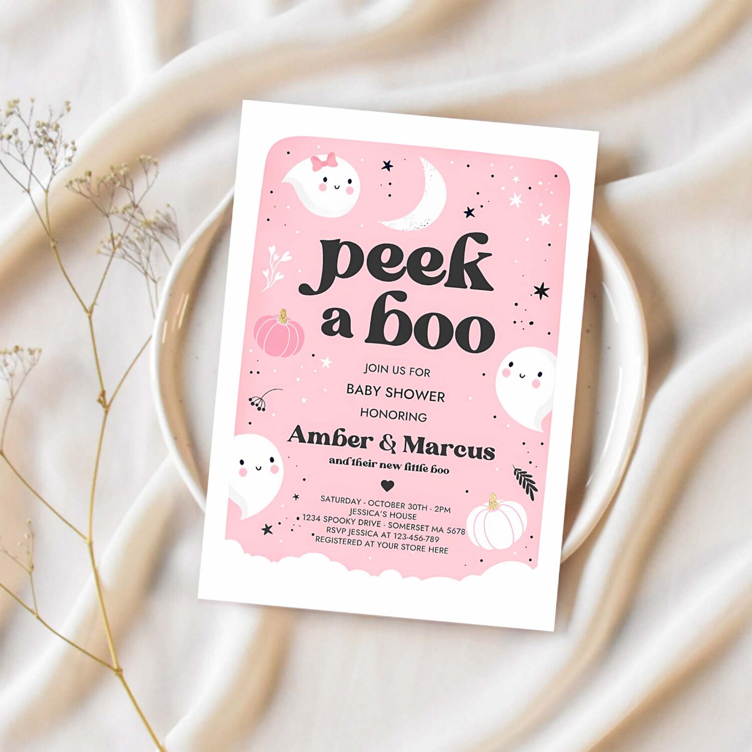Editable peek a boo baby shower invitation little boo girl ghost baby shower invitation pink cute halloween baby shower instant download b0 1