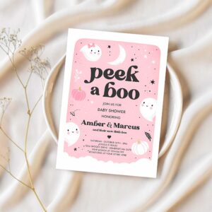 Editable peek a boo baby shower invitation little boo girl ghost baby shower invitation pink cute halloween baby shower instant download b0 1