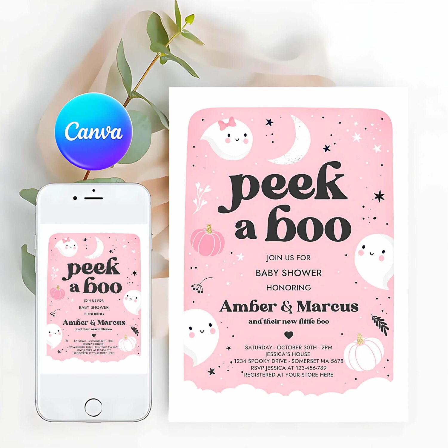Editable peek a boo baby shower invitation little boo girl ghost baby shower invitation pink cute halloween baby shower instant download b0