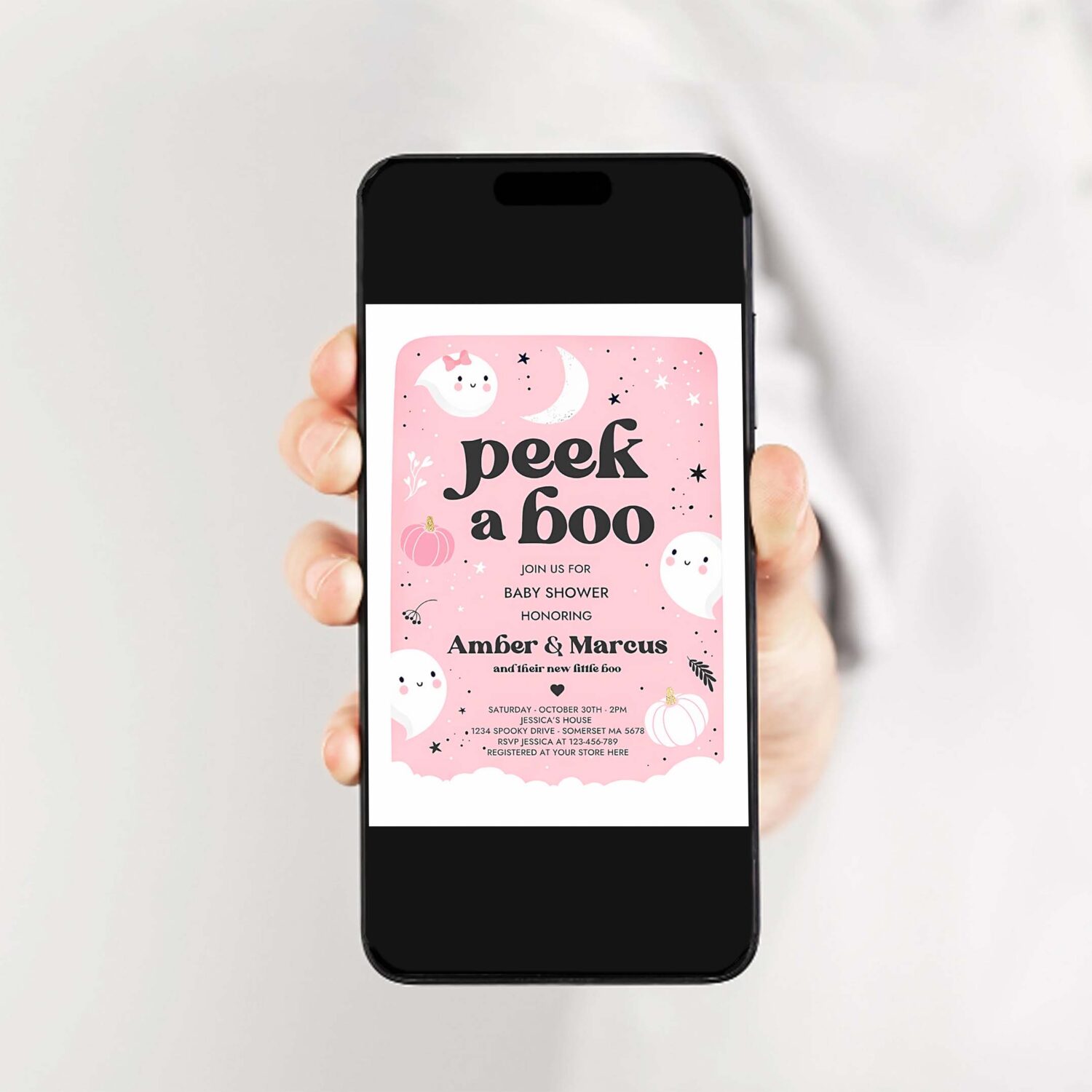 Editable peek a boo baby shower invitation little boo girl ghost baby shower invitation pink cute halloween baby shower instant download b0 2