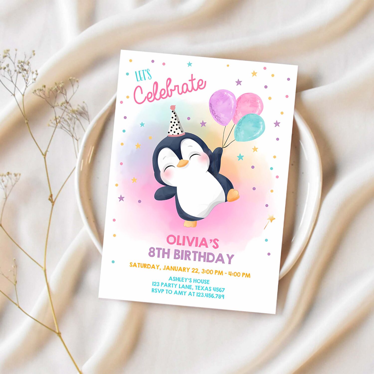 Editable penguin birthday invitation winter party arctic animals girl birthday party cute penguin baby shower printable digital corjl 0372 1