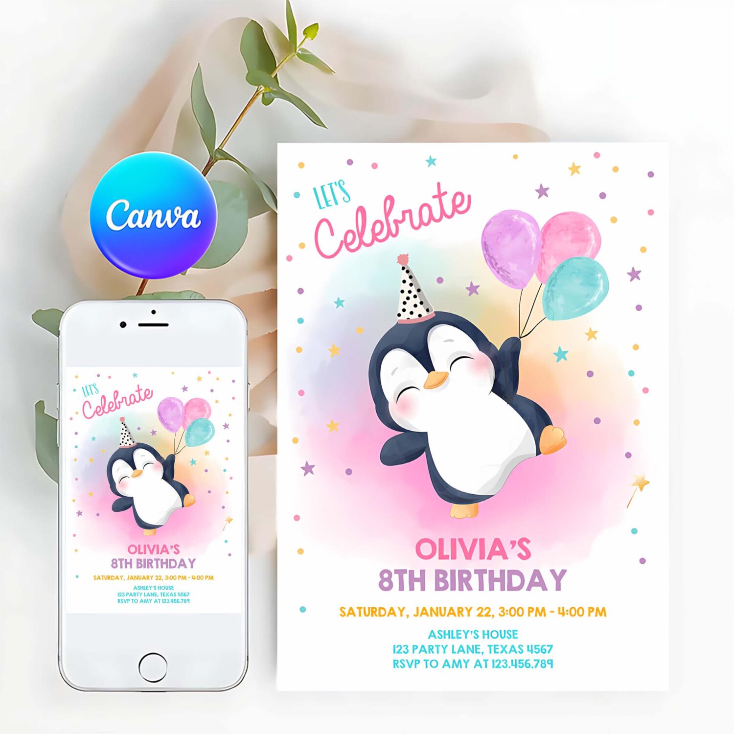 Editable penguin birthday invitation winter party arctic animals girl birthday party cute penguin baby shower printable digital corjl 0372