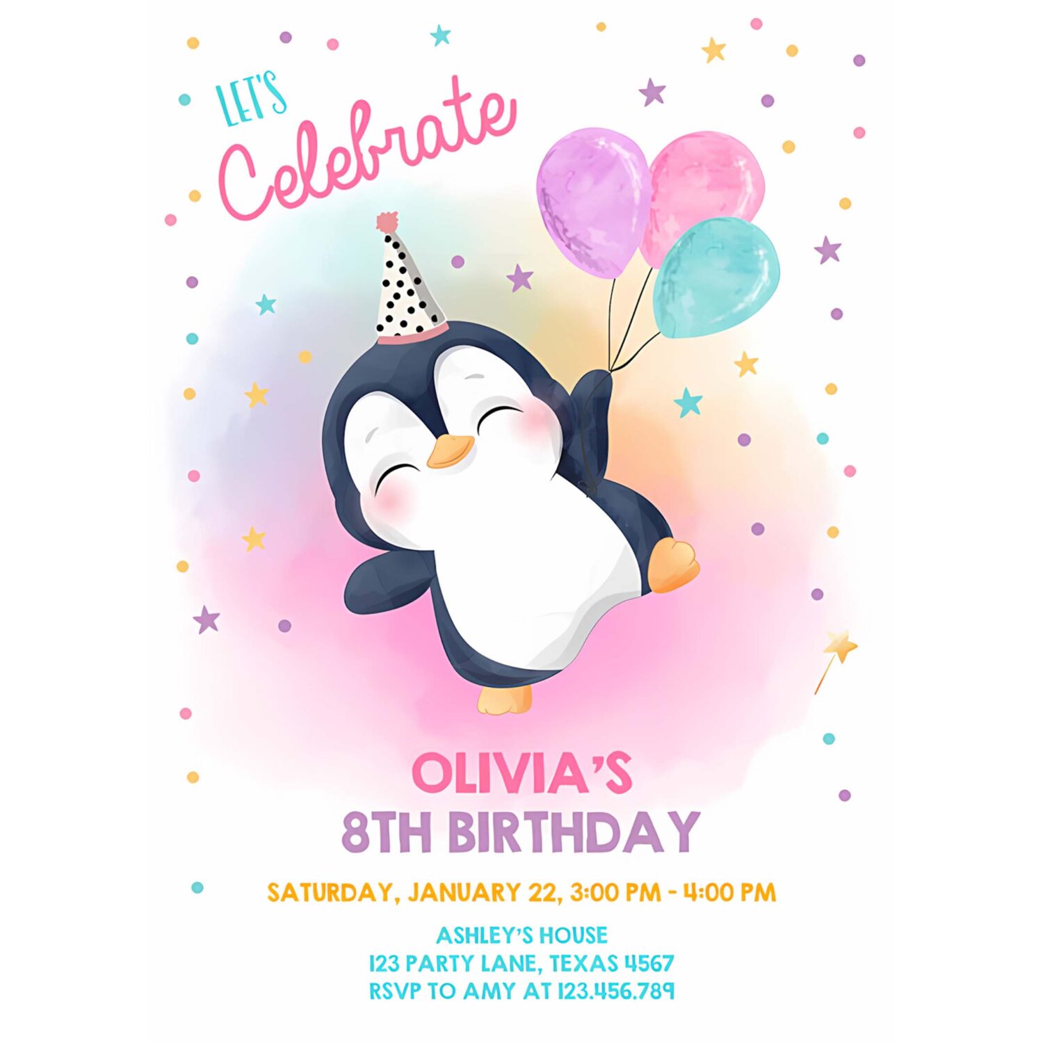 Editable penguin birthday invitation winter party arctic animals girl birthday party cute penguin baby shower printable digital corjl 0372 4