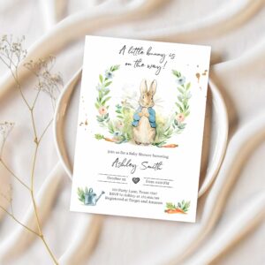 Editable peter rabbit baby shower invitation boy blue rustic peter rabbit invitation spring sprinkle digital corjl template printable 0351 1