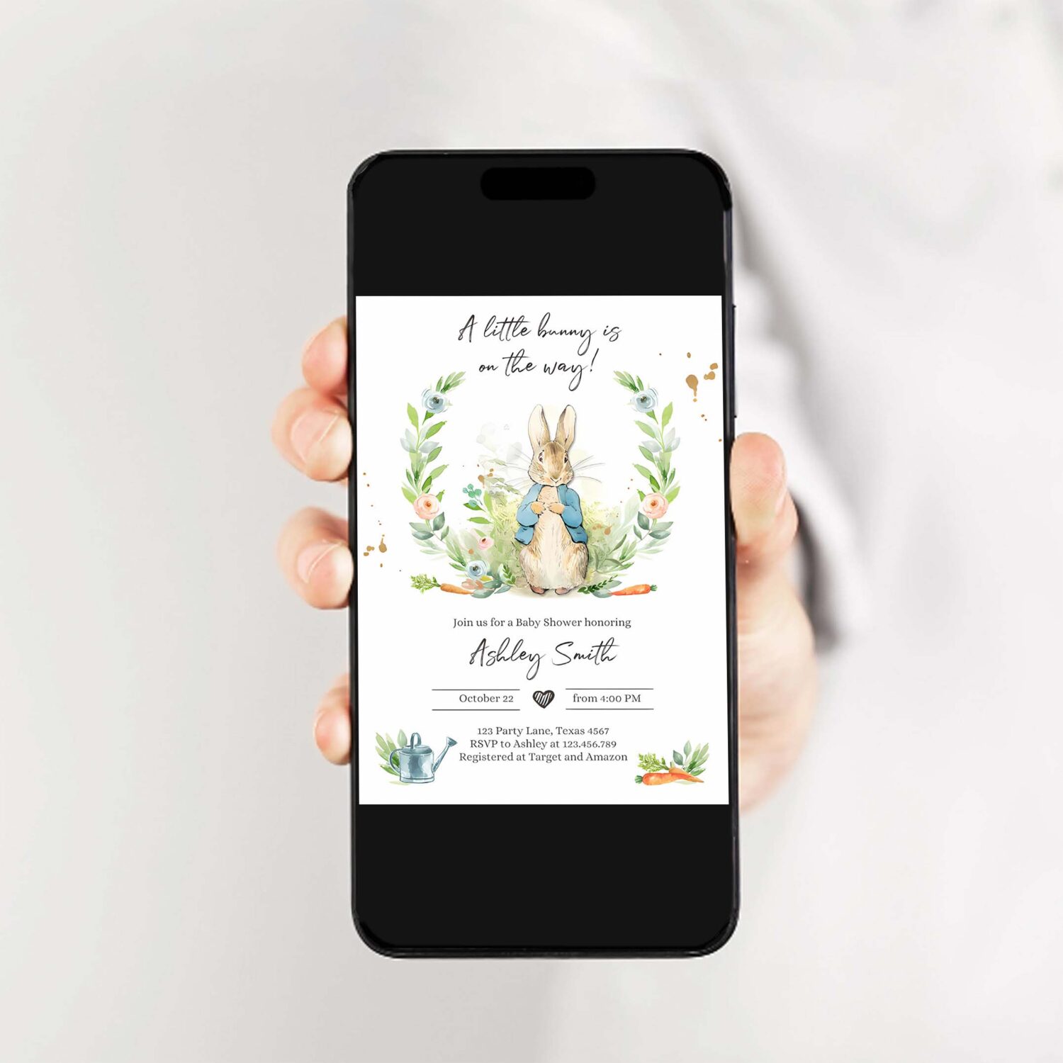 Editable peter rabbit baby shower invitation boy blue rustic peter rabbit invitation spring sprinkle digital corjl template printable 0351 2