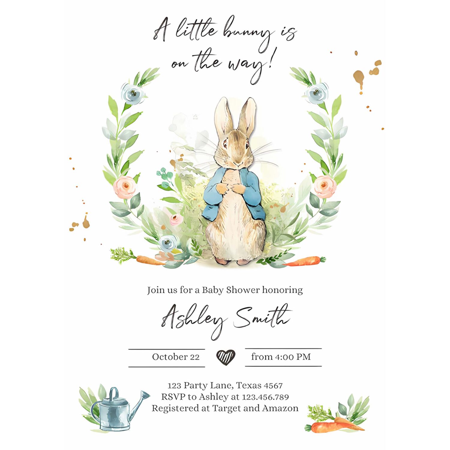 Editable peter rabbit baby shower invitation boy blue rustic peter rabbit invitation spring sprinkle digital corjl template printable 0351 4