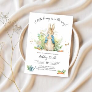 Editable peter rabbit baby shower invitation boy blue rustic peter rabbit invitation spring sprinkle party invite 1