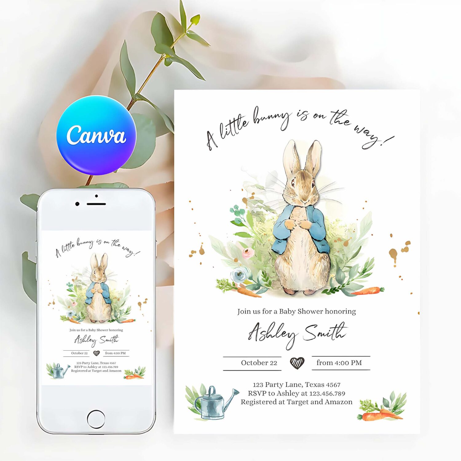 Editable peter rabbit baby shower invitation boy blue rustic peter rabbit invitation spring sprinkle party invite