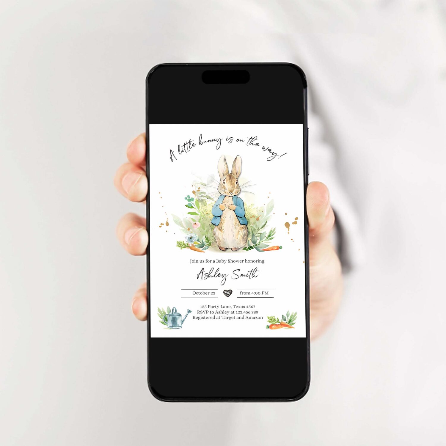 Editable peter rabbit baby shower invitation boy blue rustic peter rabbit invitation spring sprinkle party invite 2