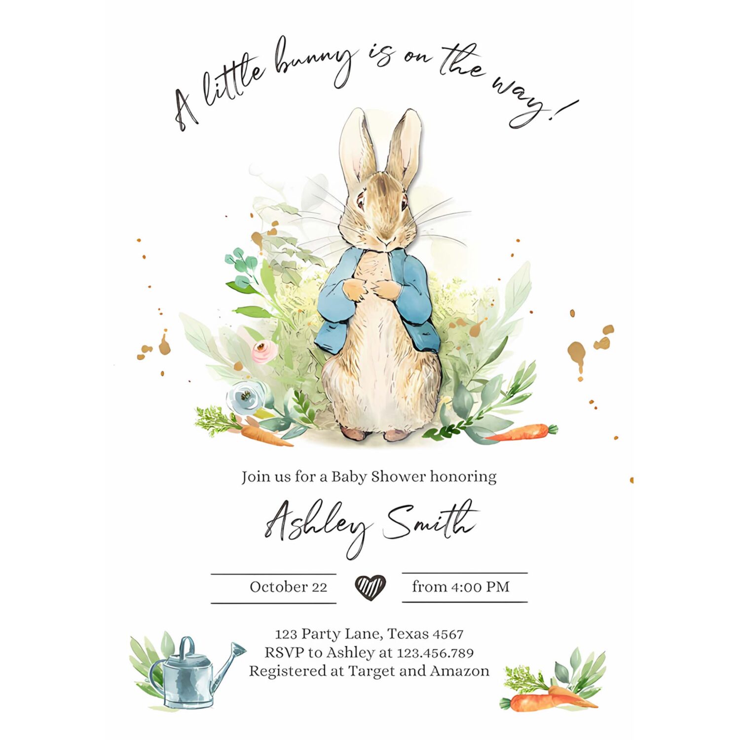 Editable peter rabbit baby shower invitation boy blue rustic peter rabbit invitation spring sprinkle party invite 4
