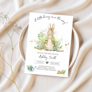 Editable peter rabbit baby shower invitation gender neutral rustic peter rabbit green spring sprinkle digital corjl template printable 0351 1