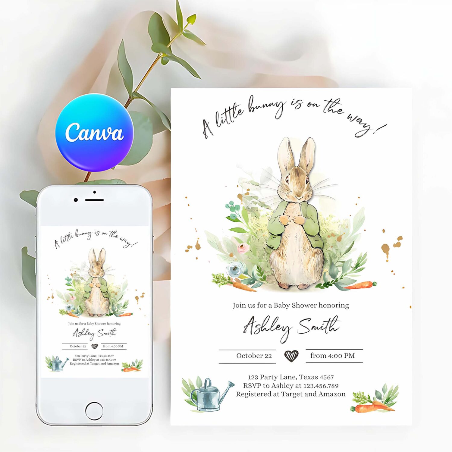 Editable peter rabbit baby shower invitation gender neutral rustic peter rabbit green spring sprinkle digital corjl template printable 0351