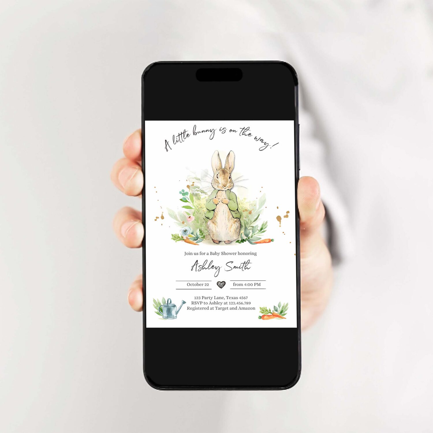 Editable peter rabbit baby shower invitation gender neutral rustic peter rabbit green spring sprinkle digital corjl template printable 0351 2