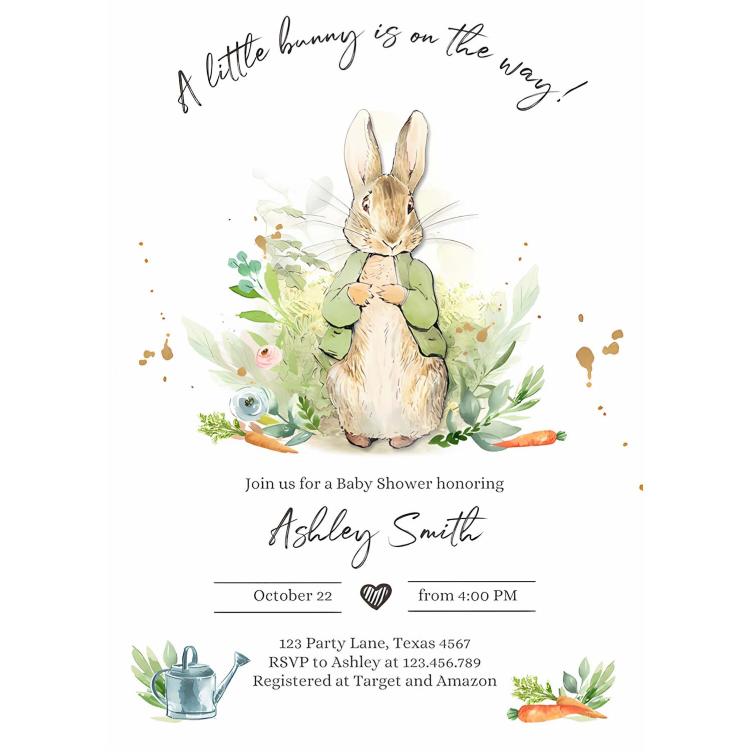 Editable peter rabbit baby shower invitation gender neutral rustic peter rabbit green spring sprinkle digital corjl template printable 0351 4