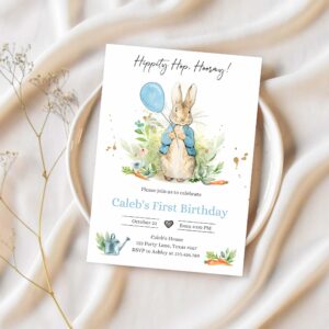 Editable peter rabbit birthday invitation boy blue rustic peter rabbit 1st birthday invite watercolor 1