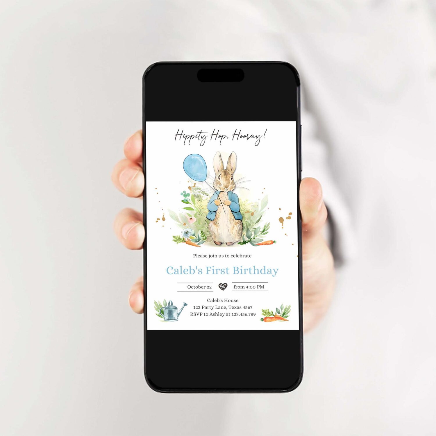 Editable peter rabbit birthday invitation boy blue rustic peter rabbit 1st birthday invite watercolor 2