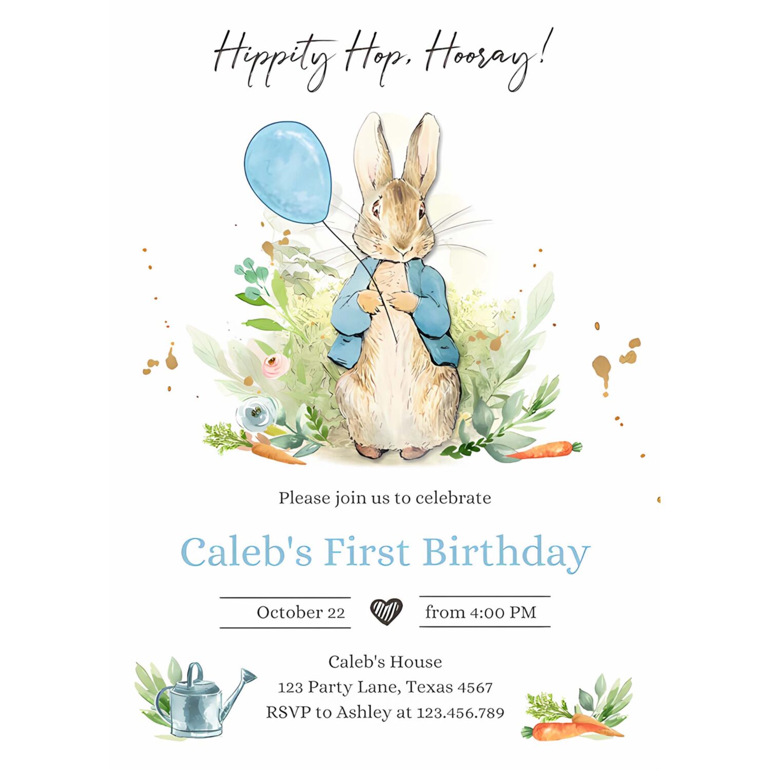 Editable peter rabbit birthday invitation boy blue rustic peter rabbit 1st birthday invite watercolor 4