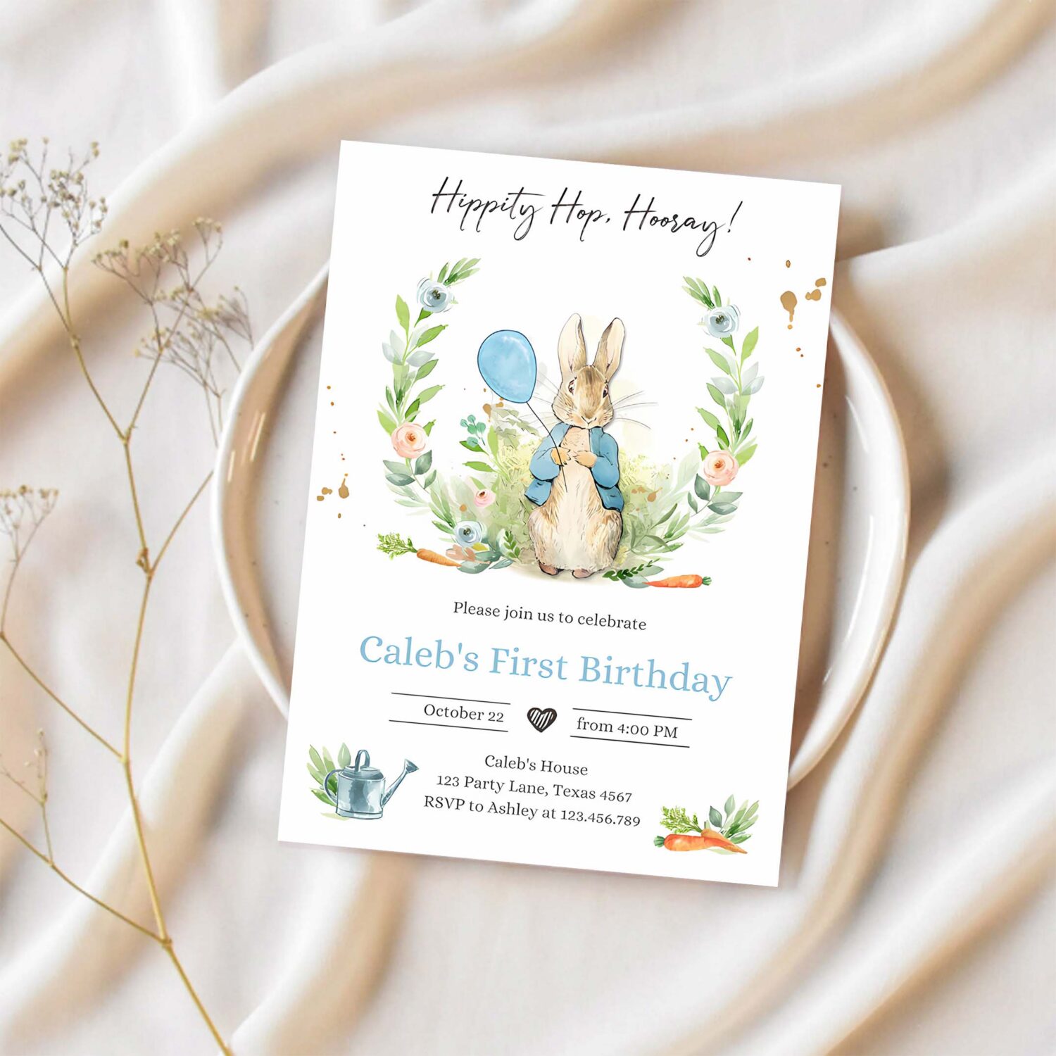 Editable peter rabbit birthday invitation boy blue rustic peter rabbit 1st birthday invite watercolor digital corjl template printable 0351 1