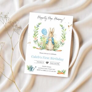 Editable peter rabbit birthday invitation boy blue rustic peter rabbit 1st birthday invite watercolor digital corjl template printable 0351 1