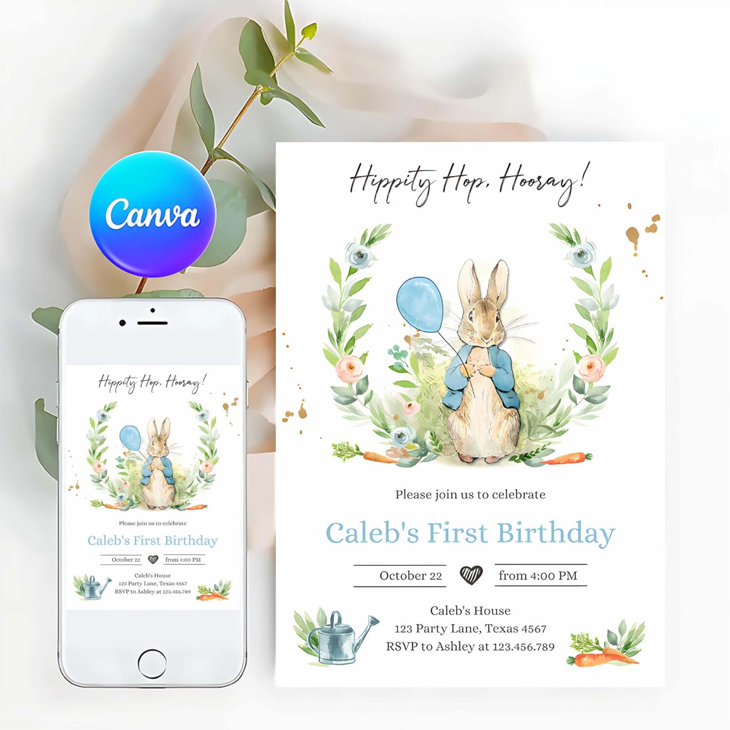 Editable peter rabbit birthday invitation boy blue rustic peter rabbit 1st birthday invite watercolor digital corjl template printable 0351