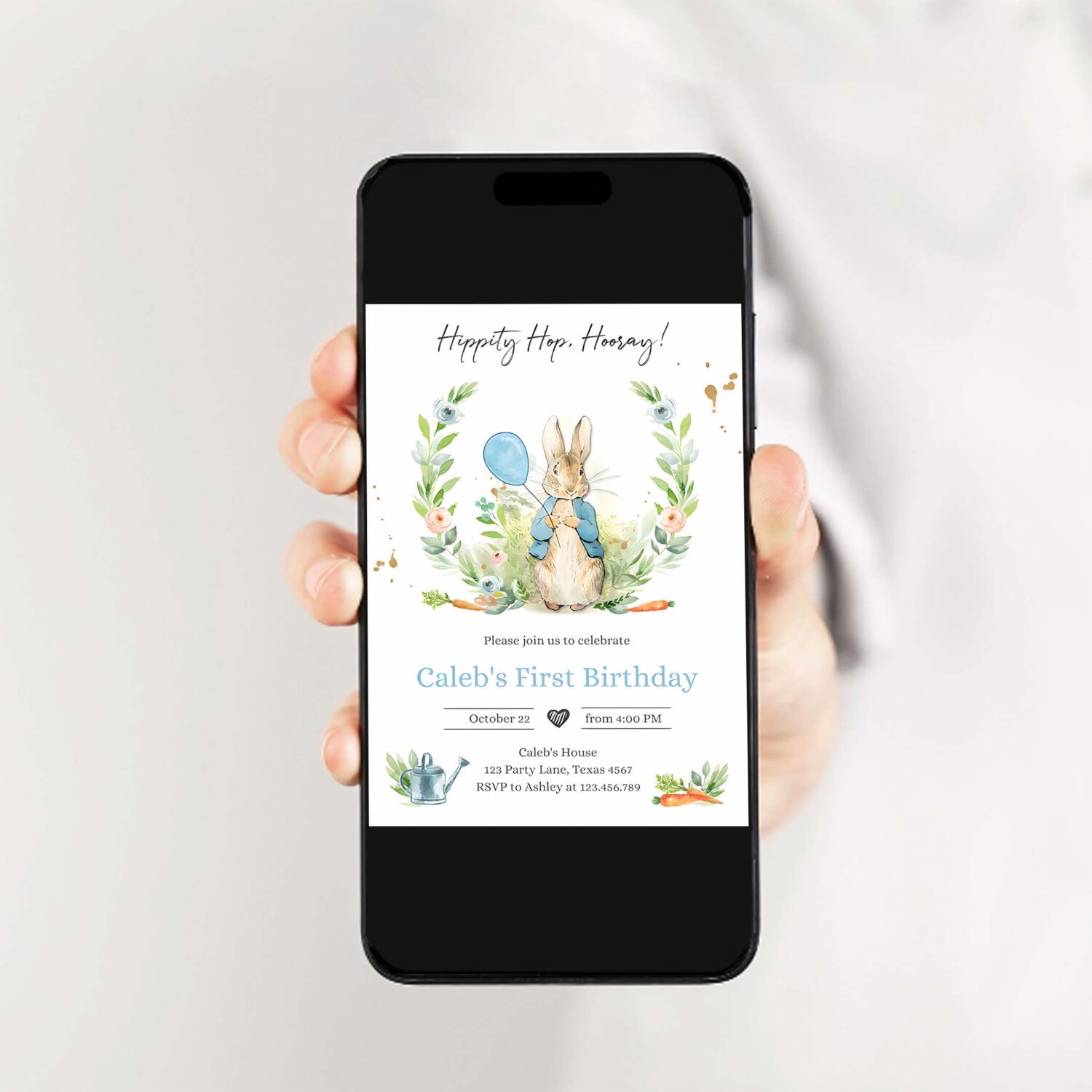 Editable peter rabbit birthday invitation boy blue rustic peter rabbit 1st birthday invite watercolor digital corjl template printable 0351 2