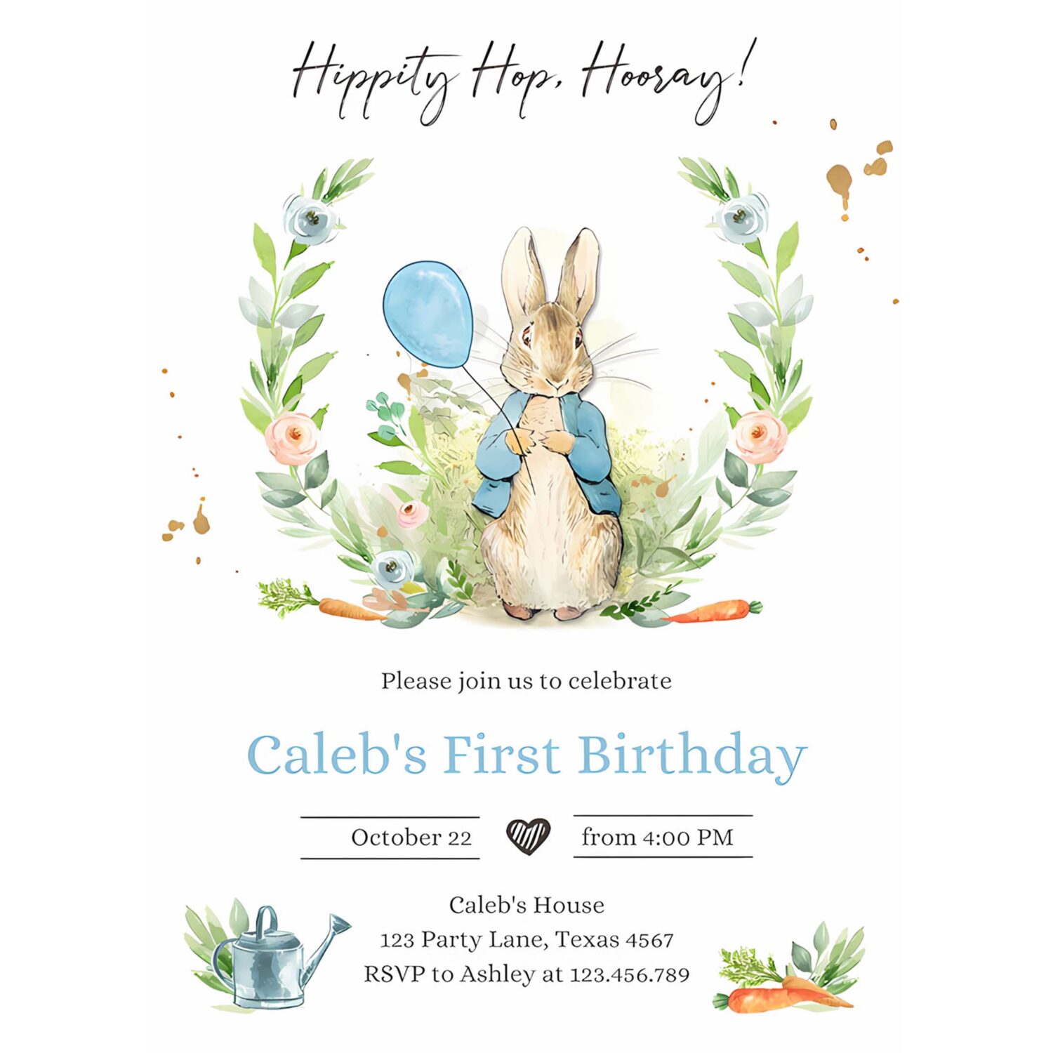 Editable peter rabbit birthday invitation boy blue rustic peter rabbit 1st birthday invite watercolor digital corjl template printable 0351 4