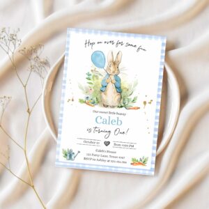 Editable peter rabbit birthday invitation boy blue rustic peter rabbit first birthday hop on over watercolor 1