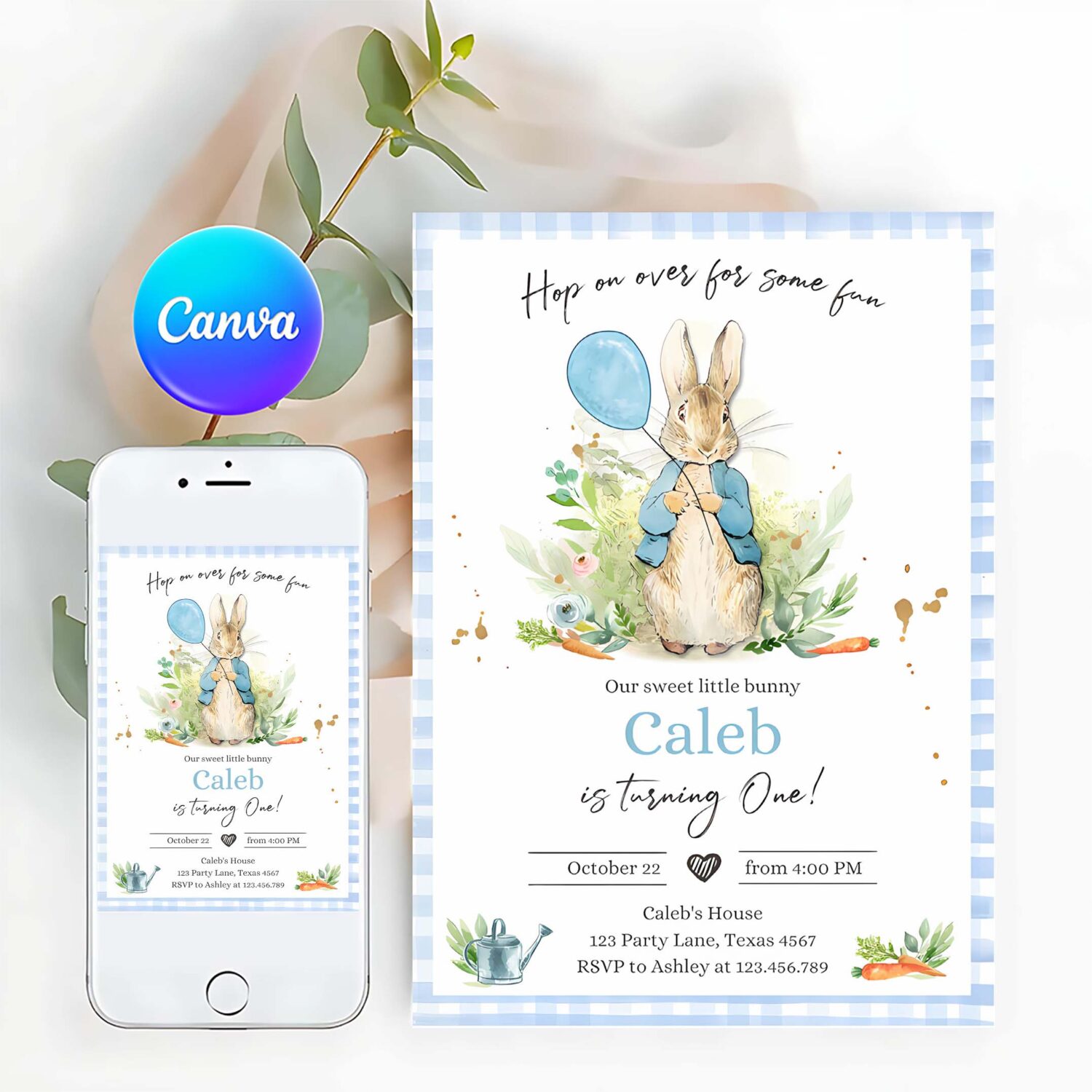 Editable peter rabbit birthday invitation boy blue rustic peter rabbit first birthday hop on over watercolor