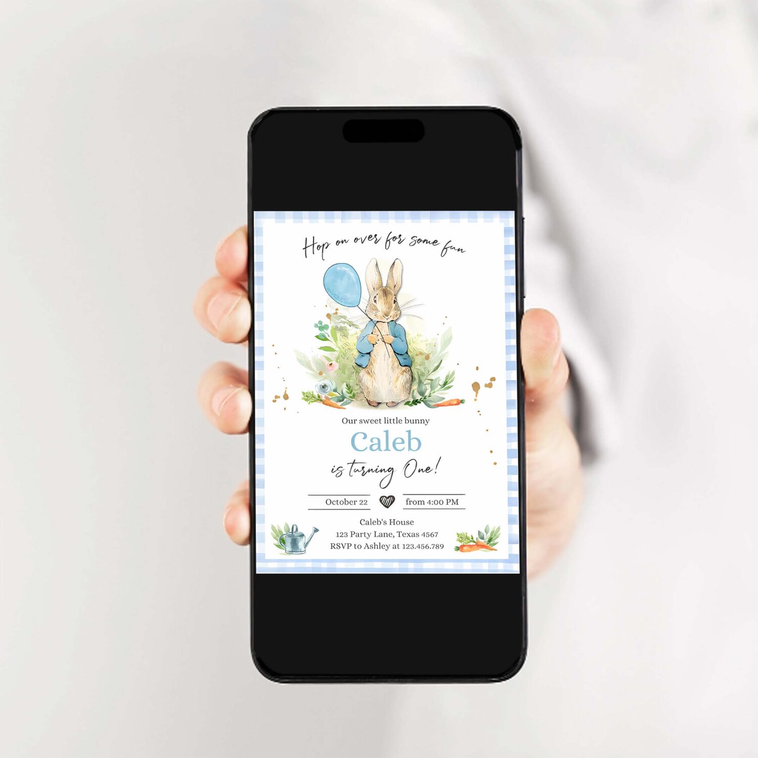 Editable peter rabbit birthday invitation boy blue rustic peter rabbit first birthday hop on over watercolor 2