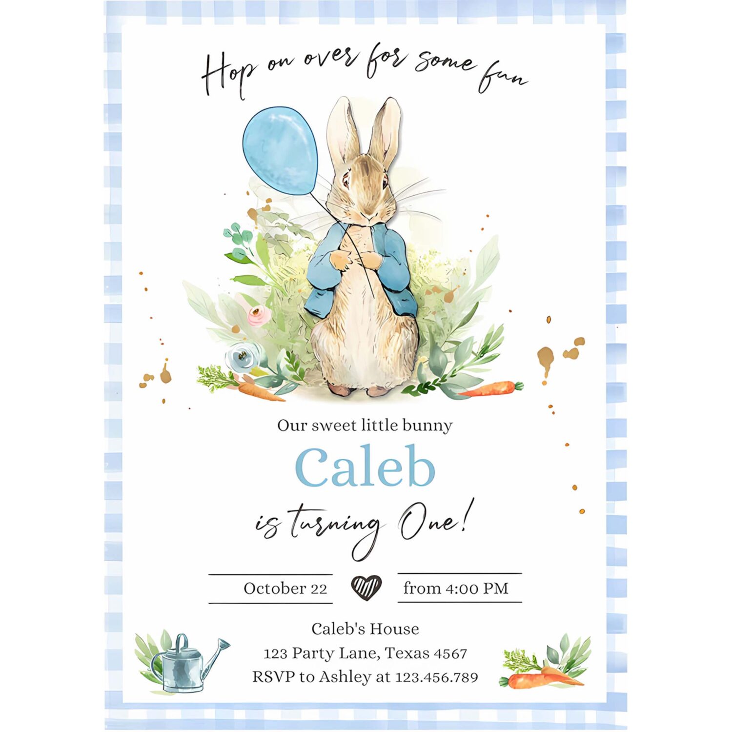 Editable peter rabbit birthday invitation boy blue rustic peter rabbit first birthday hop on over watercolor 4
