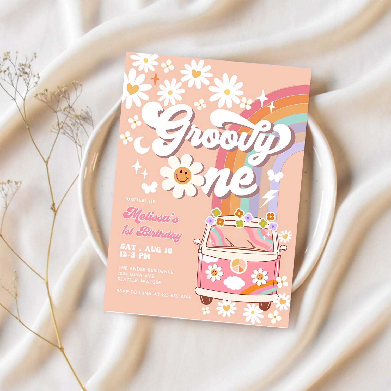 Editable pink daisy rainbow groovy van groovy one 1st birthday invite retro hippie party invitation template 1