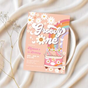 Editable pink daisy rainbow groovy van groovy one 1st birthday invite retro hippie party invitation template 1