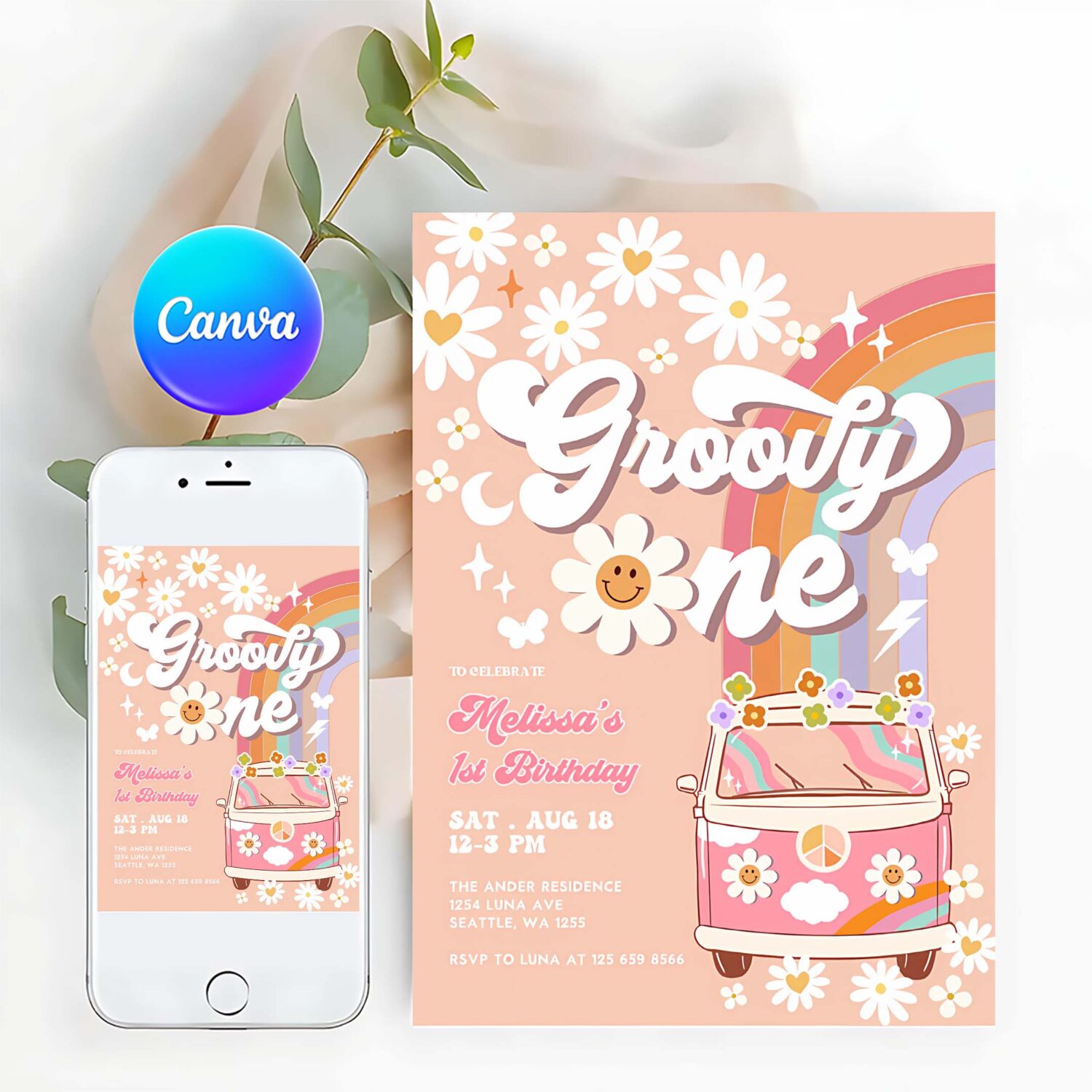 Editable pink daisy rainbow groovy van groovy one 1st birthday invite retro hippie party invitation template