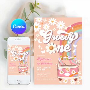 Groovy Invitation, Pink Daisy Rainbow Groovy Van Groovy ONE 1st Birthday, Birthday Invitation Retro Invitation