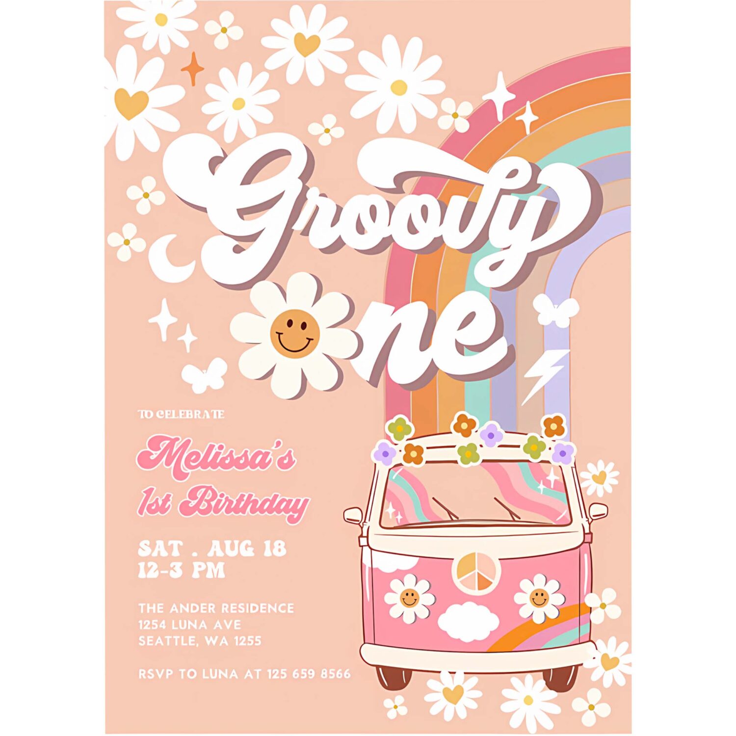Editable pink daisy rainbow groovy van groovy one 1st birthday invite retro hippie party invitation template 4