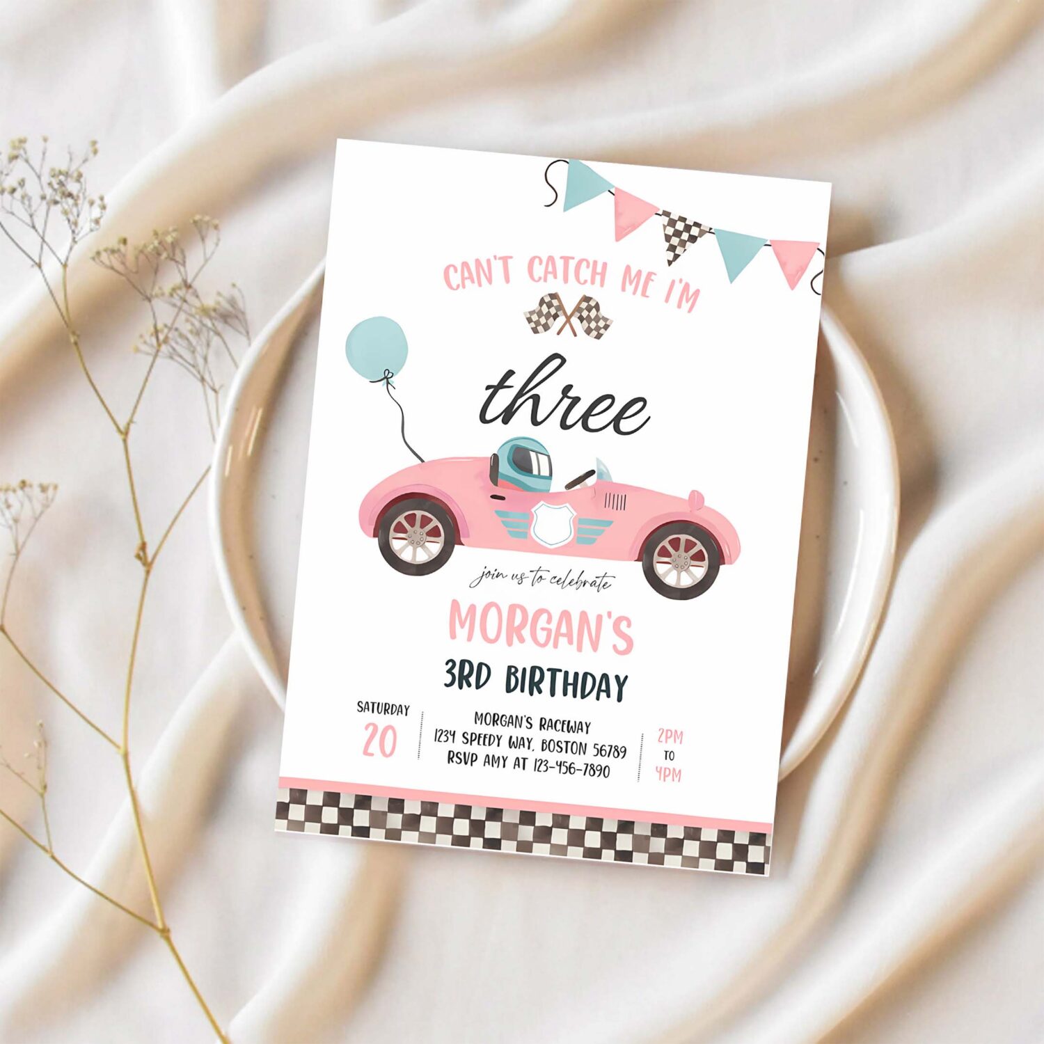 Editable pink race car 3rd birthday invitation cant catch me im three race car 3rd birthday party 1