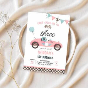 Editable pink race car 3rd birthday invitation cant catch me im three race car 3rd birthday party 1